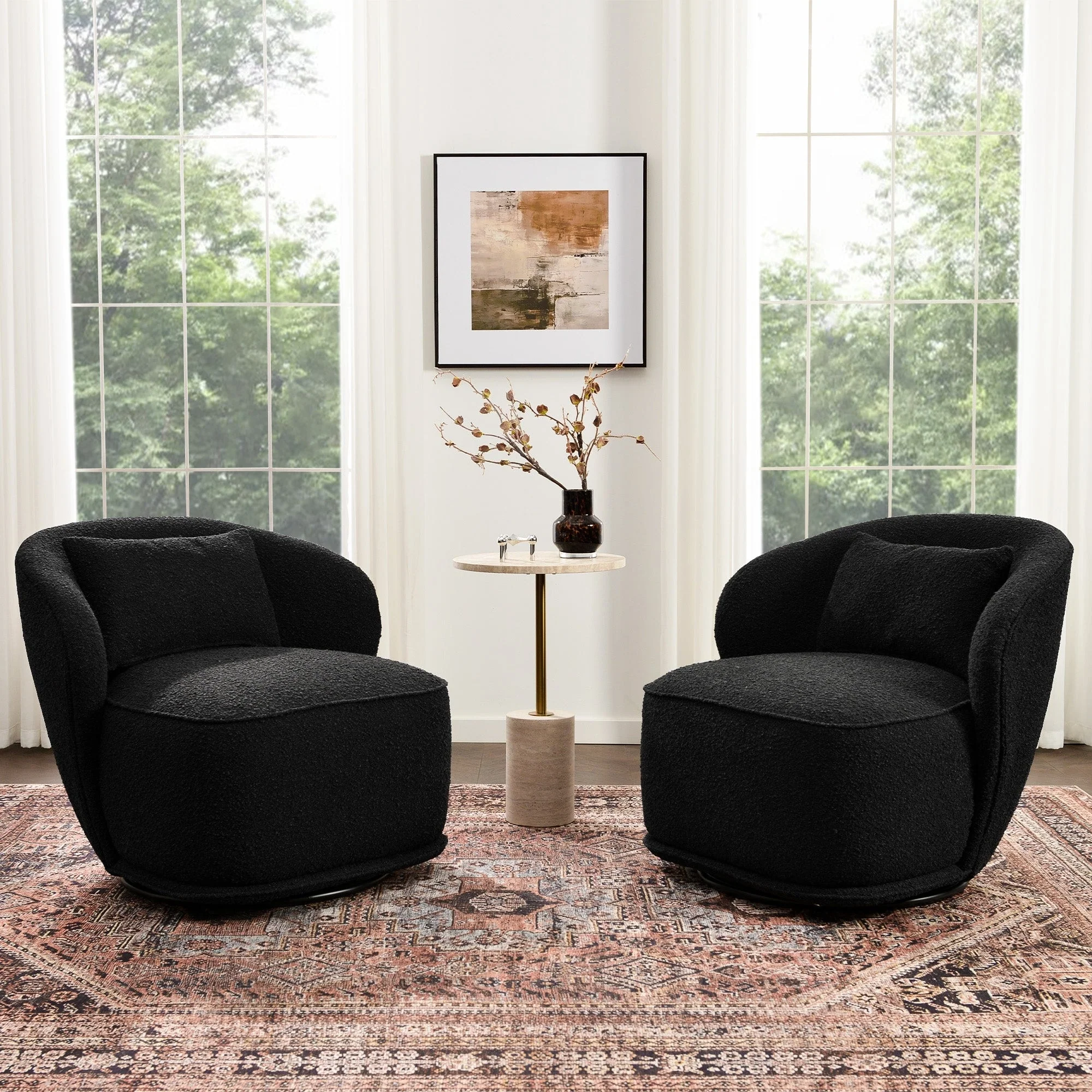 KINWELL 33 W Sherpa Boucle Upholstered Accent Swivel Chair (Set of 2)