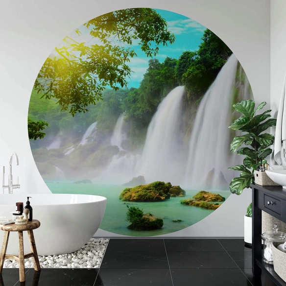 Vliestapete »Runde Vliestapete«, Blaue Lagune Wasserfall, mehrfarbig, matt