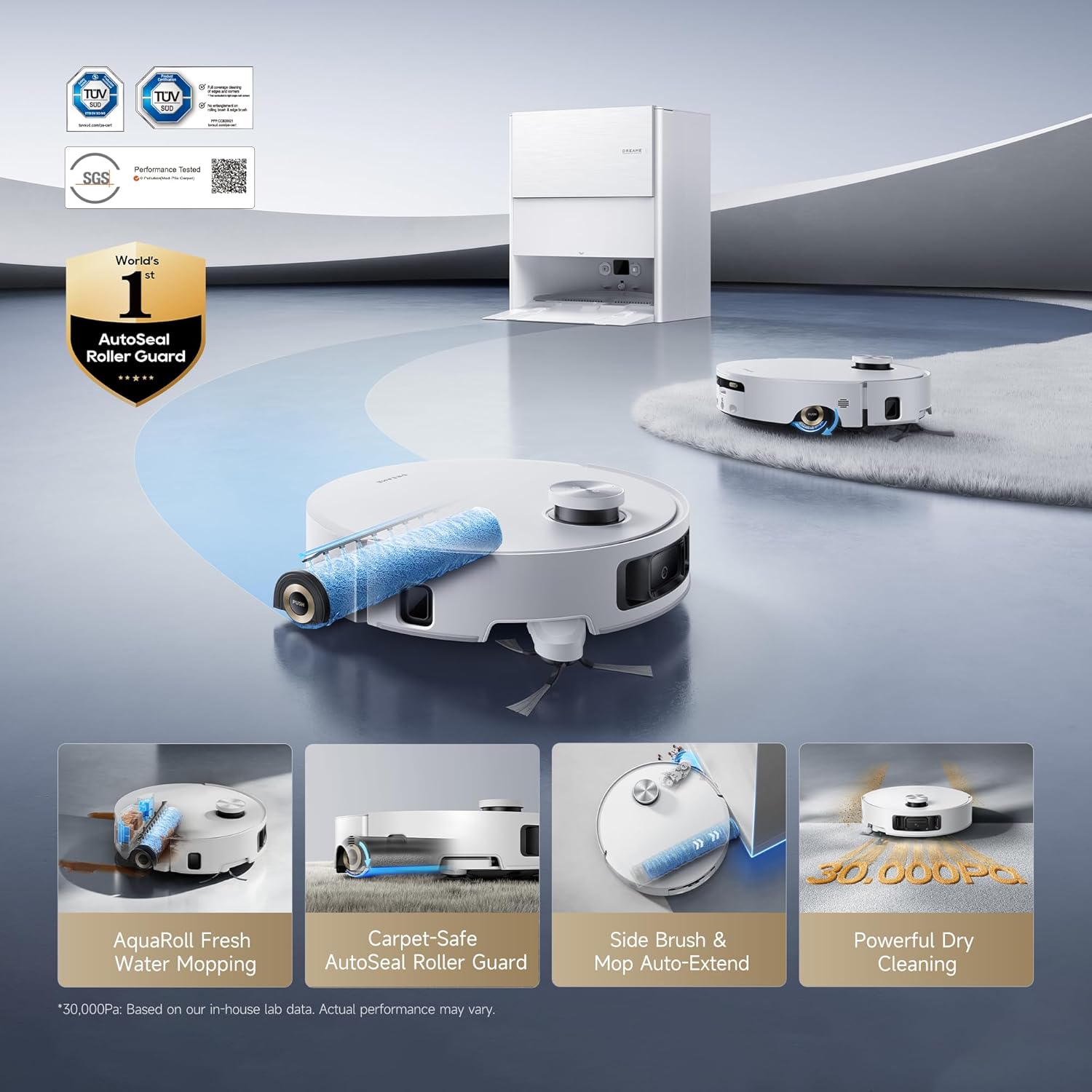 DREAME Aqua10 Roller AE Robot Vacuum, Roller Mop Fresh Water Mopping, Carpet-Safe Roller Guard, Auto-Empty, 30,000Pa Suction, 212℉ Hot Water Mop Washing, Hot Air Drying, 100% Detangling, Voice Control