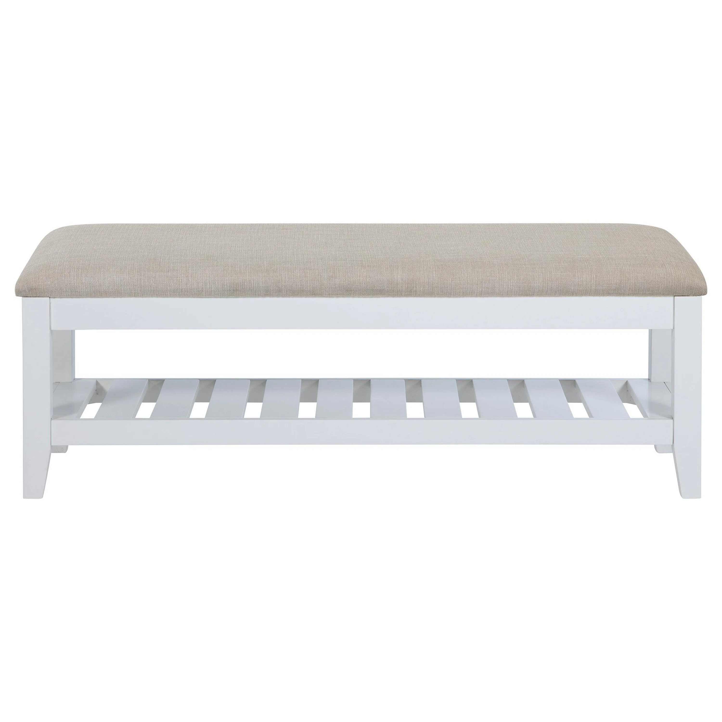 Heo Dining Bench, Slatted Shelf, Beige Padded Seat, 50 Inch White