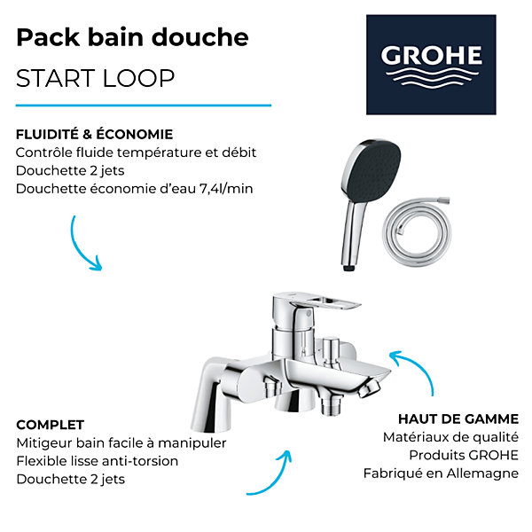 Pack mitigeur bain douche mécanique GROHE Start Loop   douchette carré2 jets   flexible