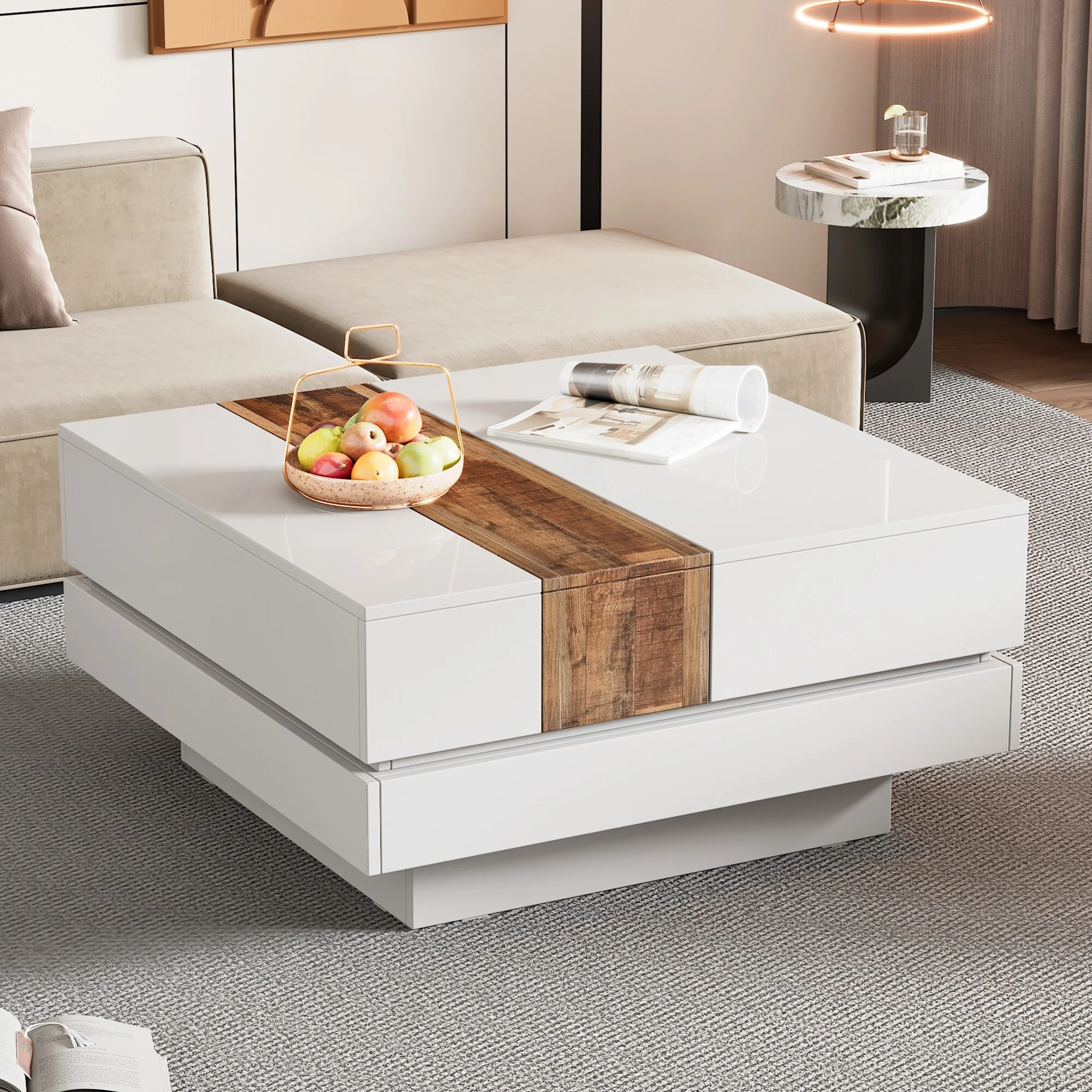 31.4 Square Coffee Table, High Gloss Sliding Tabletop Center Table with Hidden Storage, Extendable Cocktail Table, White