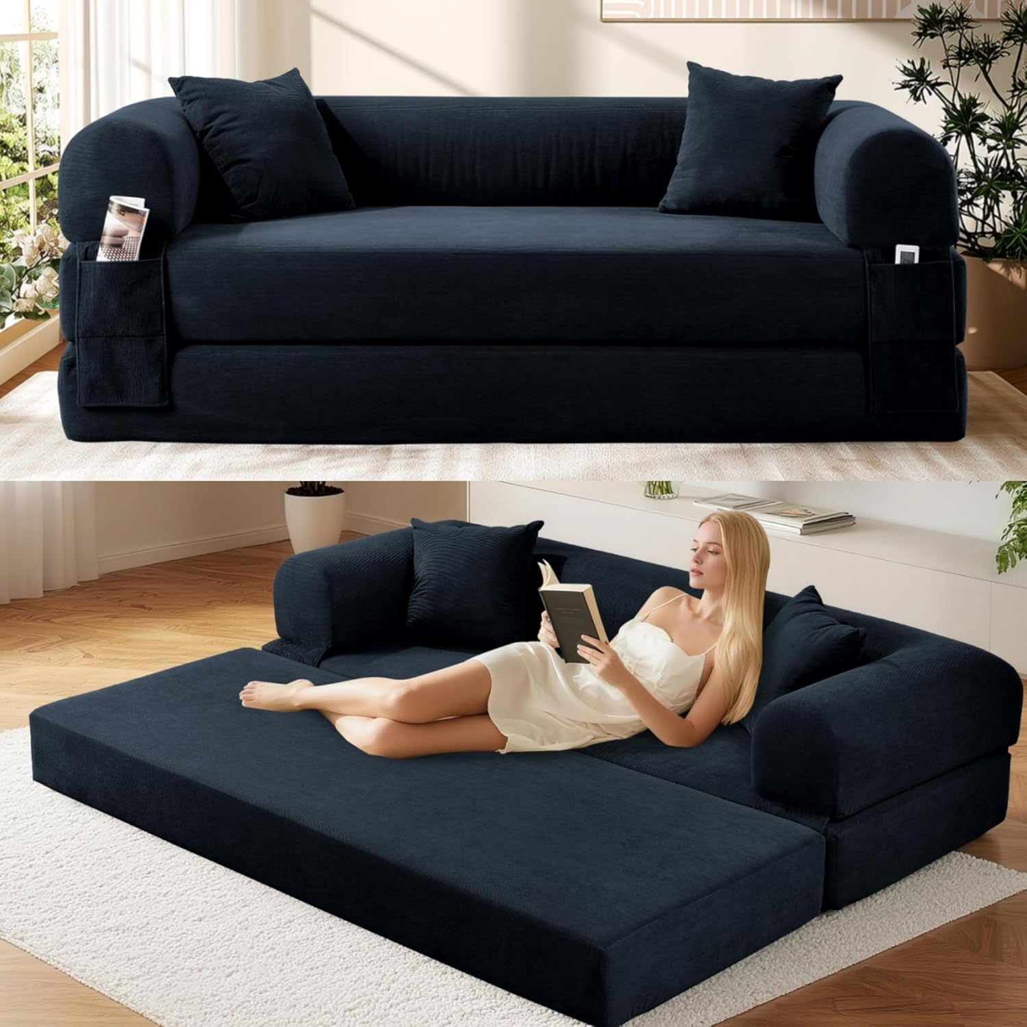 Convertible Futon Sofa Bed,80 Folding Pull Out Couch Bed with Storage,Queen Sleeper Sofa Bed,Compressed Couch in a Box,Corduroy Boneless Couches for Living Room,Deep Blue