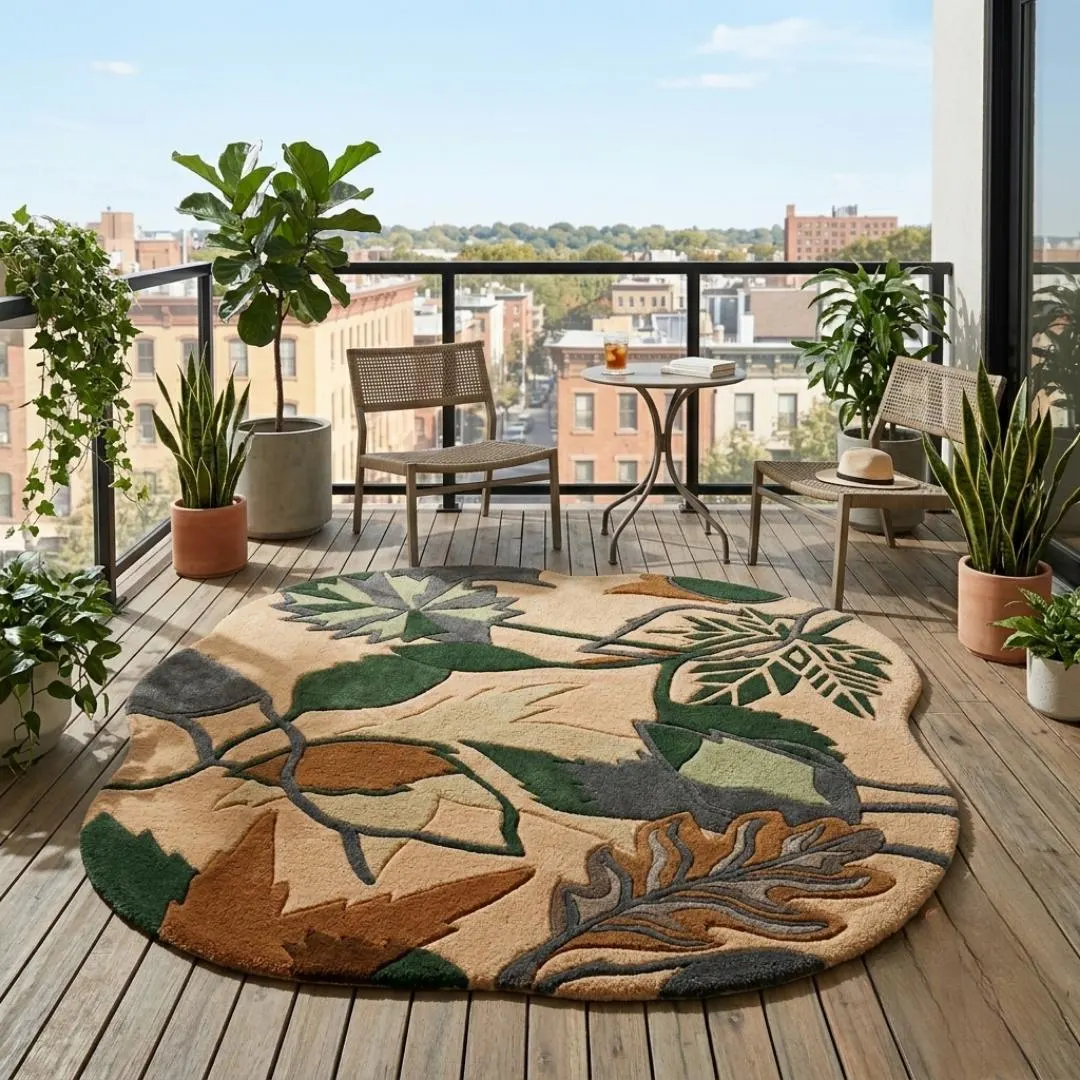 Organic Shape Area Rug, Botanical Wool Carpet, Green Brown Floor Mat, Hand Tufted Nature Decor, 5x8 8x10 Custom Size Available Now