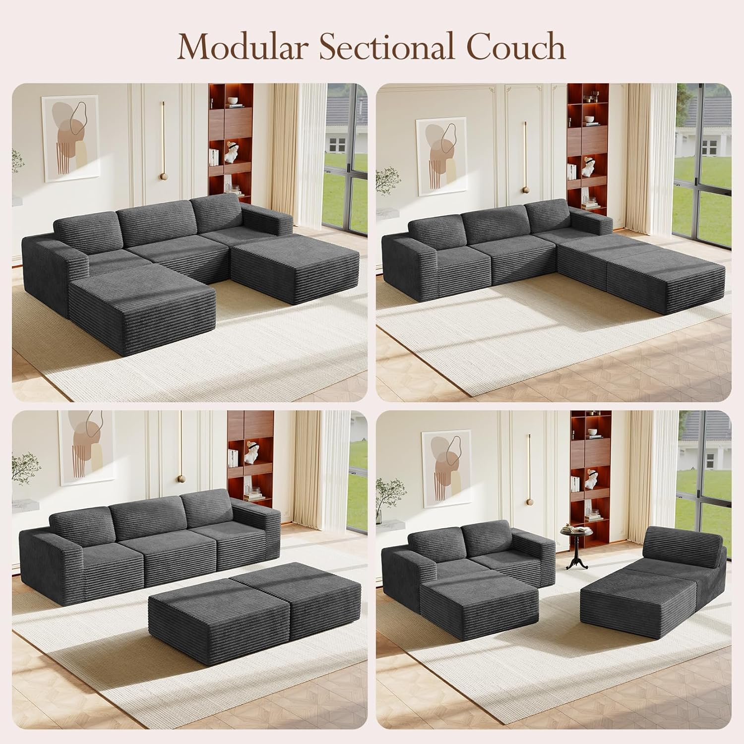 Vesgantti 119 Oversized U-Shaped Modular Sectional Sofa, Corduroy Cloud Couch with Deep Seating & Spring Support, Convertible Sofa with 2 Ottomans, Boneless Couch, No Assembly Required, Grey