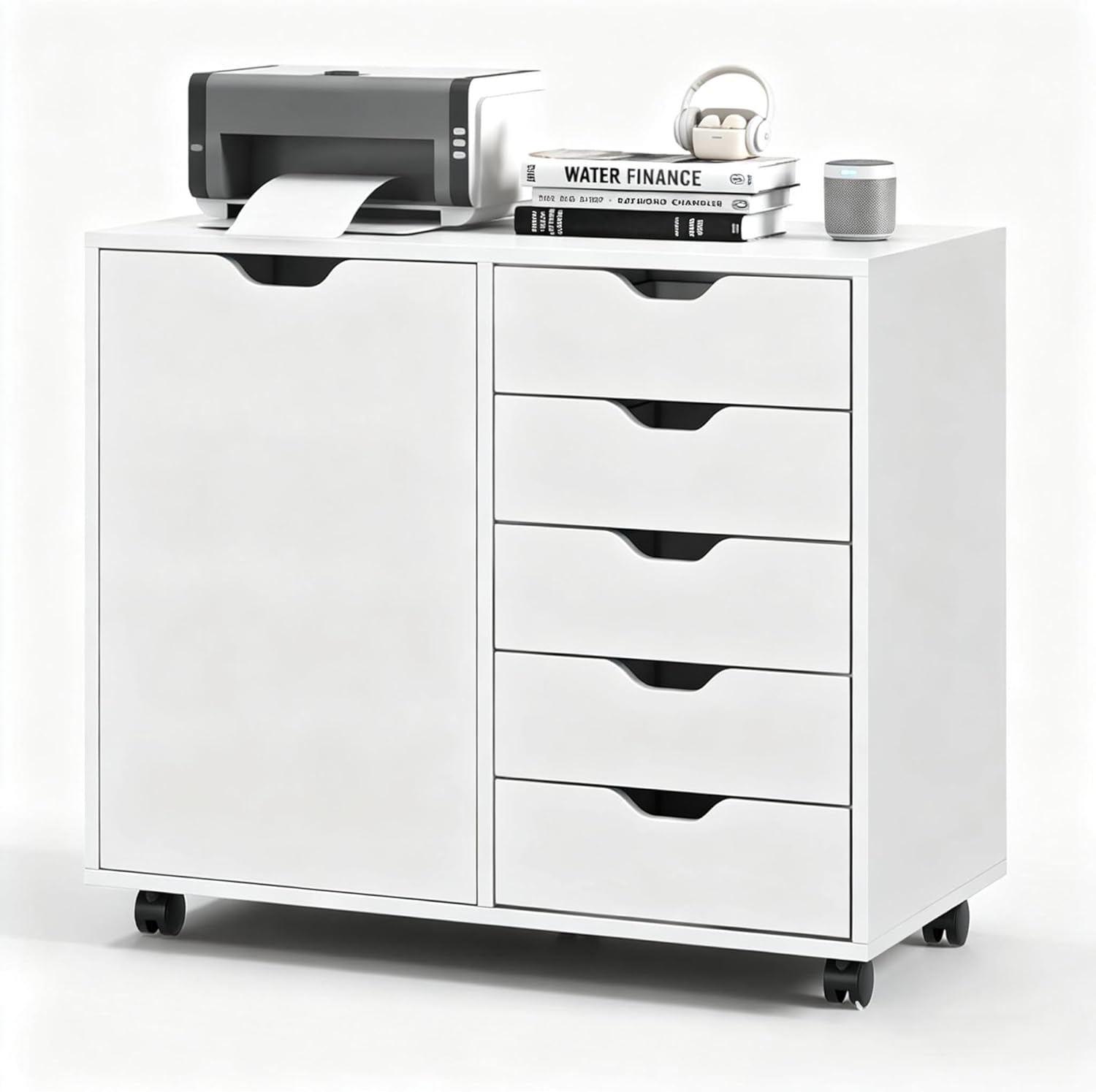 5-Drawer Wood Drawer Cabinet, Office Storage Cabinet with Adjustable Shelf & Wheels, Printer Stand for Home Office, White, 15.7 D x 30.7 W x 25.4 H