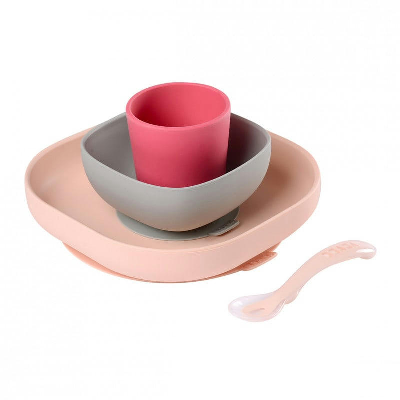 APPRENTISSAGE REPAS - Set vaisselle 4 pièces en silicone rose