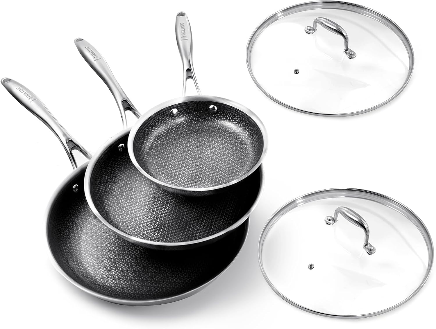 DELUXE Hybrid Ceramic Nonstick 5-PC Fry Pan Set,8,10,12 Inch Frying Pans with Tempered Glass Lid,Stay-Cool Handle, Dishwasher Safe, Works on All Stovetops Induction for Home Daily Cooking (Black)
