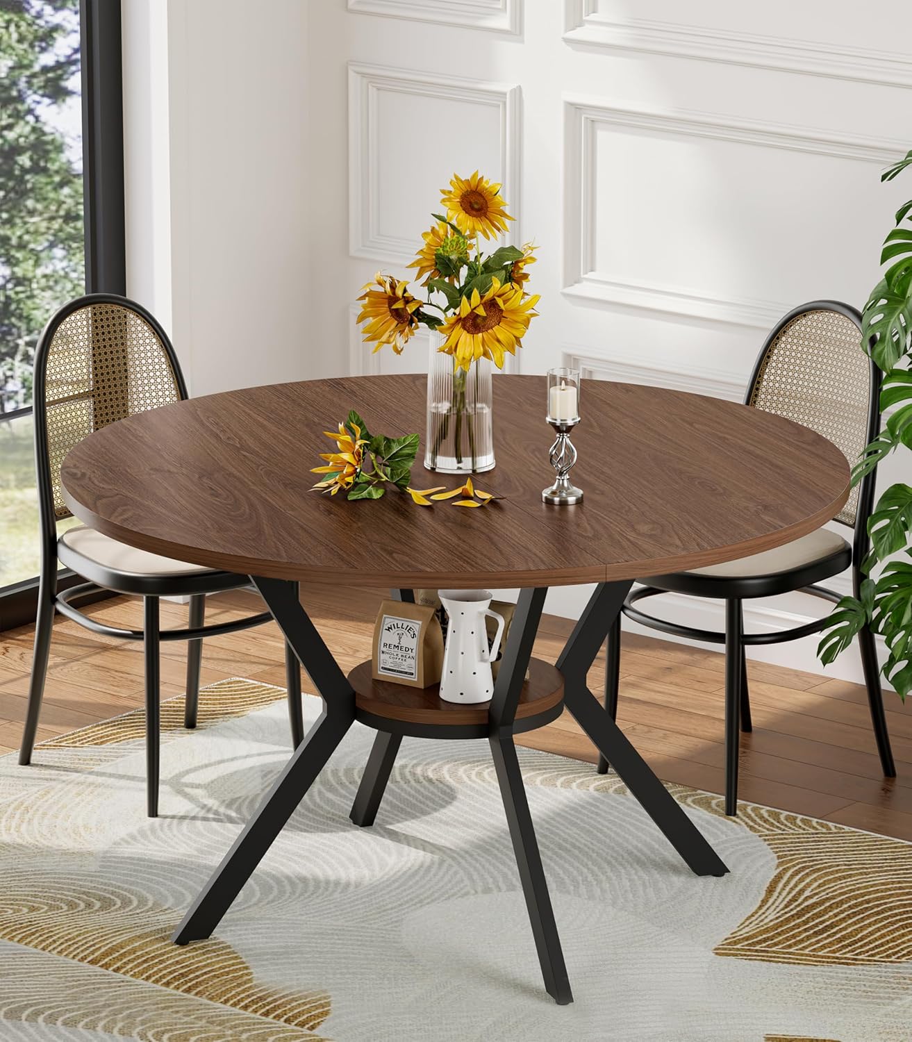 42 Round Dining Table for 4, Farmhouse Kitchen Table with Storage, Space Saving Circle Dinner Table, Rustic Wood Kitchen & Dining Room Tables with Metal Legs for Kitchen, Living Room, Dining Room