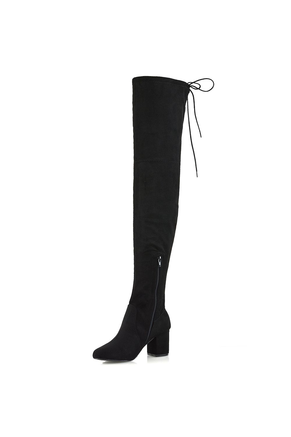 XY London Pixie' Black Over The Knee Boots Stretch Calf Mid Block Heel
