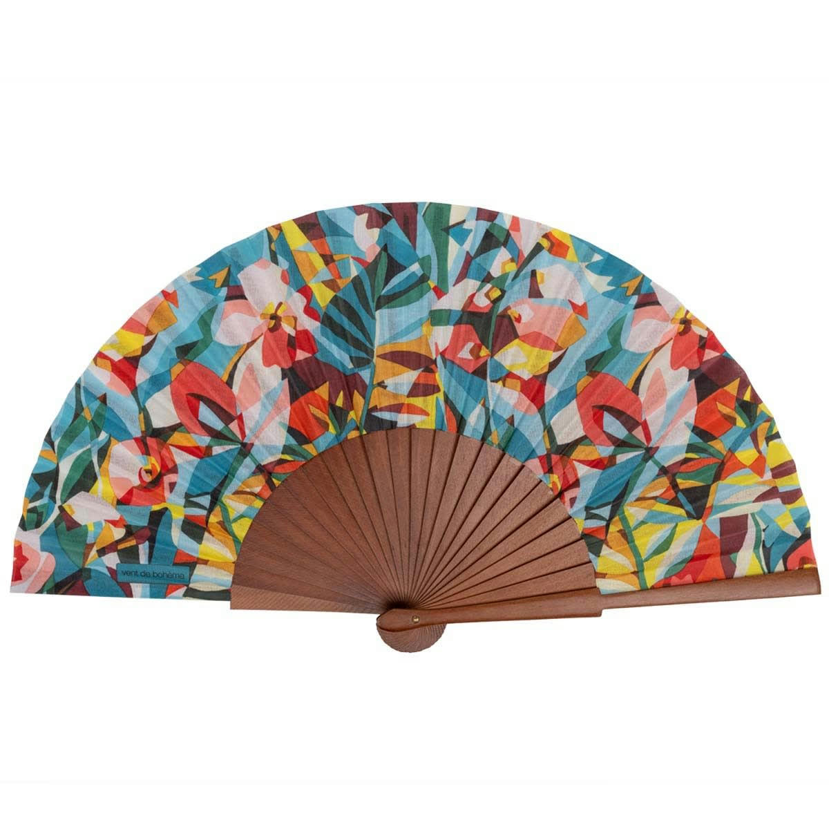 - Éventail en bois de merisier et coton imprimé fleuri