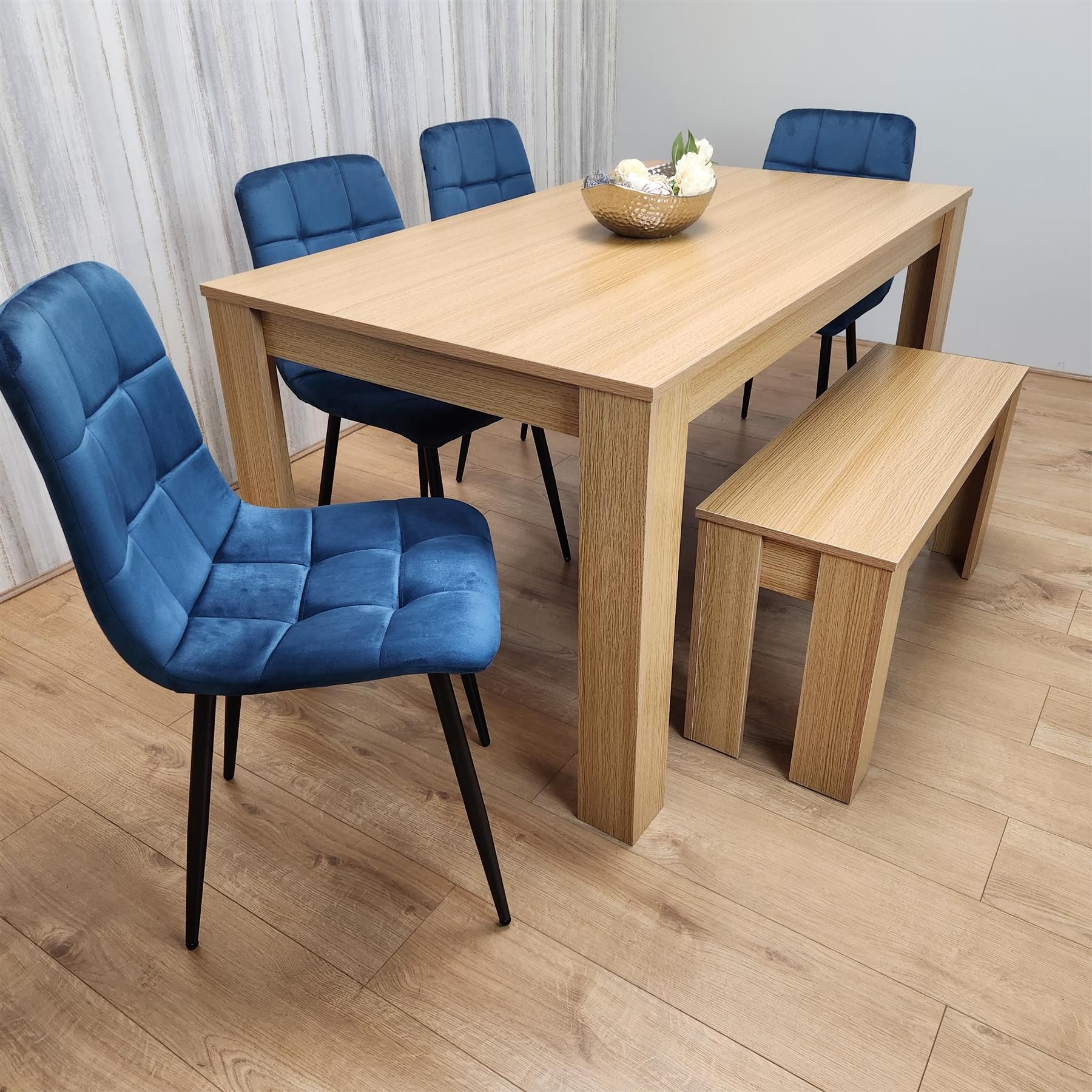 KOSY KOALA 6 Seater Light Wood Dining Table Set 4 Blue Velvet Chairs and Bench