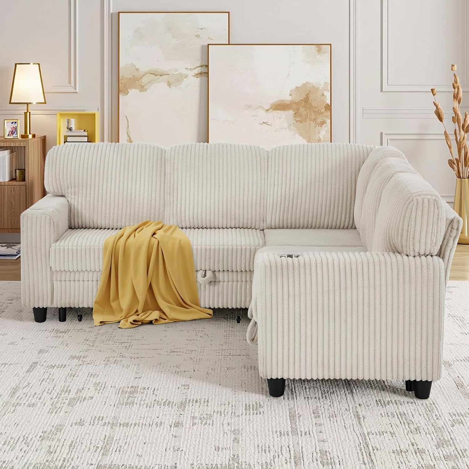 81 Modular Sectional Sofa, L Shaped 5-Seater Sleeper Sofa with Pull Out Bed, Hidden Storage, Cup Holders & USB Charging Ports, Sectional Couches for Living Room, Corduroy, Beige