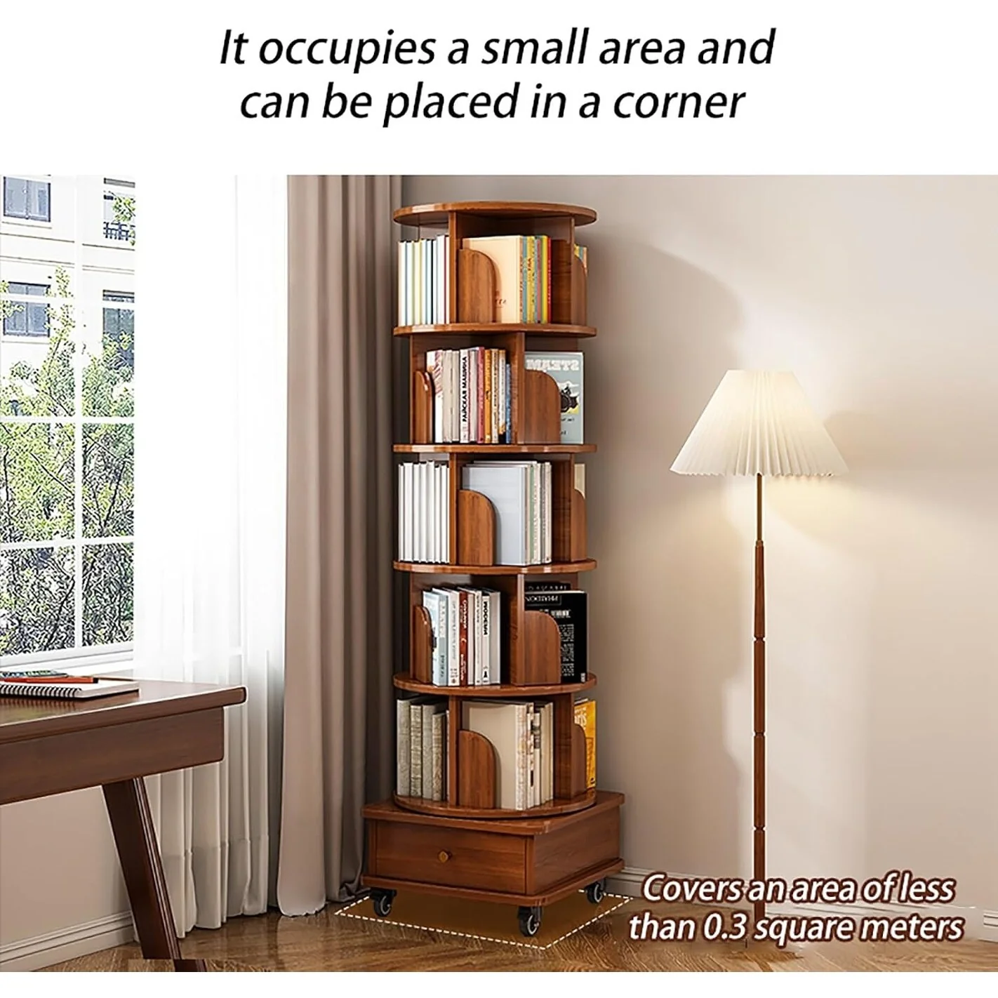 Rotating Bookshelf, 360 Display Corner Bookshelf for Small Space, 6 Tier Bookcase Storage Rack with Wheels