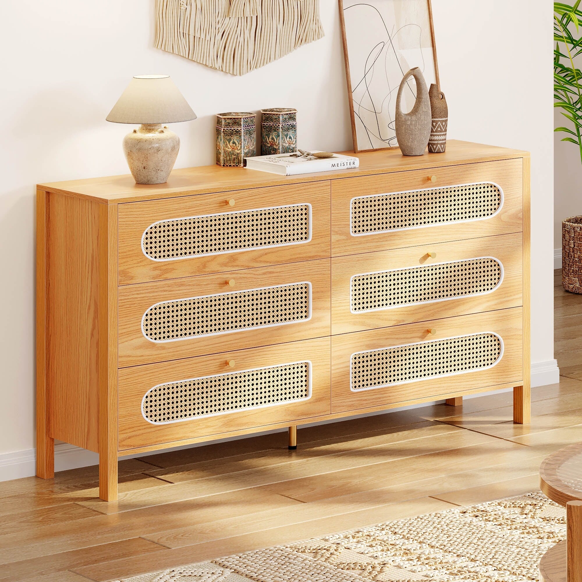 Moasis 4-6-Drawer Dresser Chest Drawer Storage Cabinet Rattan Wood Closet