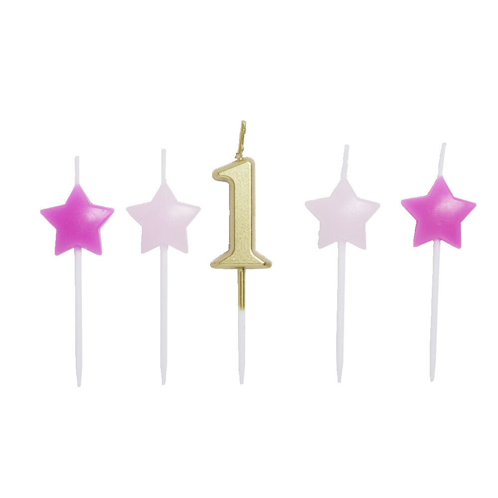 Bougie anniversaire chiffre 1 doré avec bougies étoiles roses
