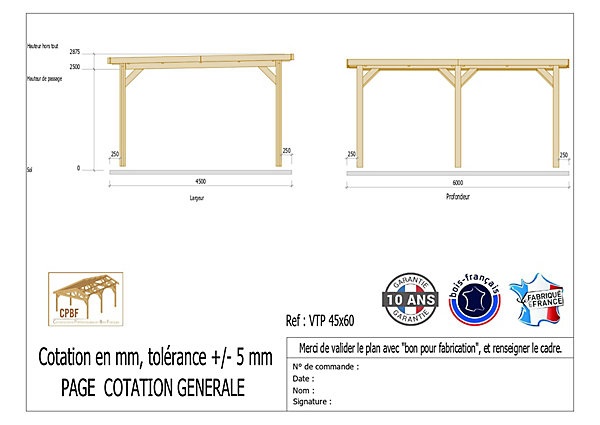 Carport toit plat, 450cmx600cm, bois DOUGLAS Français(Charpente en bois-auvent-abri voiture) 27 m². Garantie 10 ans