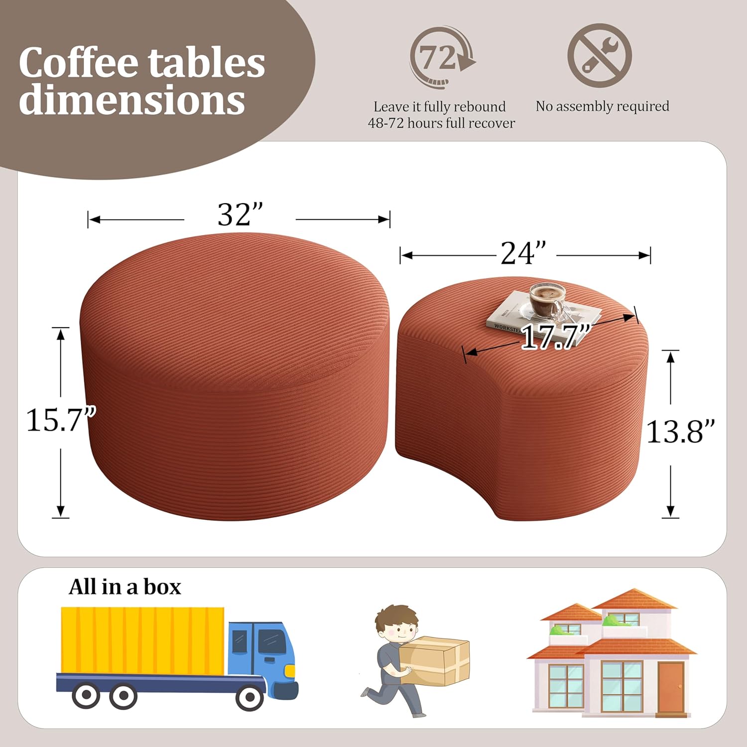 BSHOMGI Nesting Coffee Table Set of 2, Upholstered Round Corduroy Circle Foam Round Side Table for Living Room, Entryway Set, 32+17 Footrest No Assembly (Orange, 32+17)
