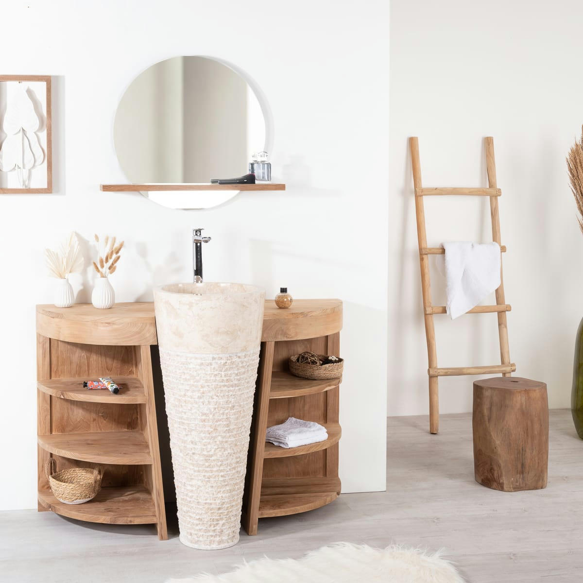 - Meuble de salle de bain en teck 120cm + vasque crème