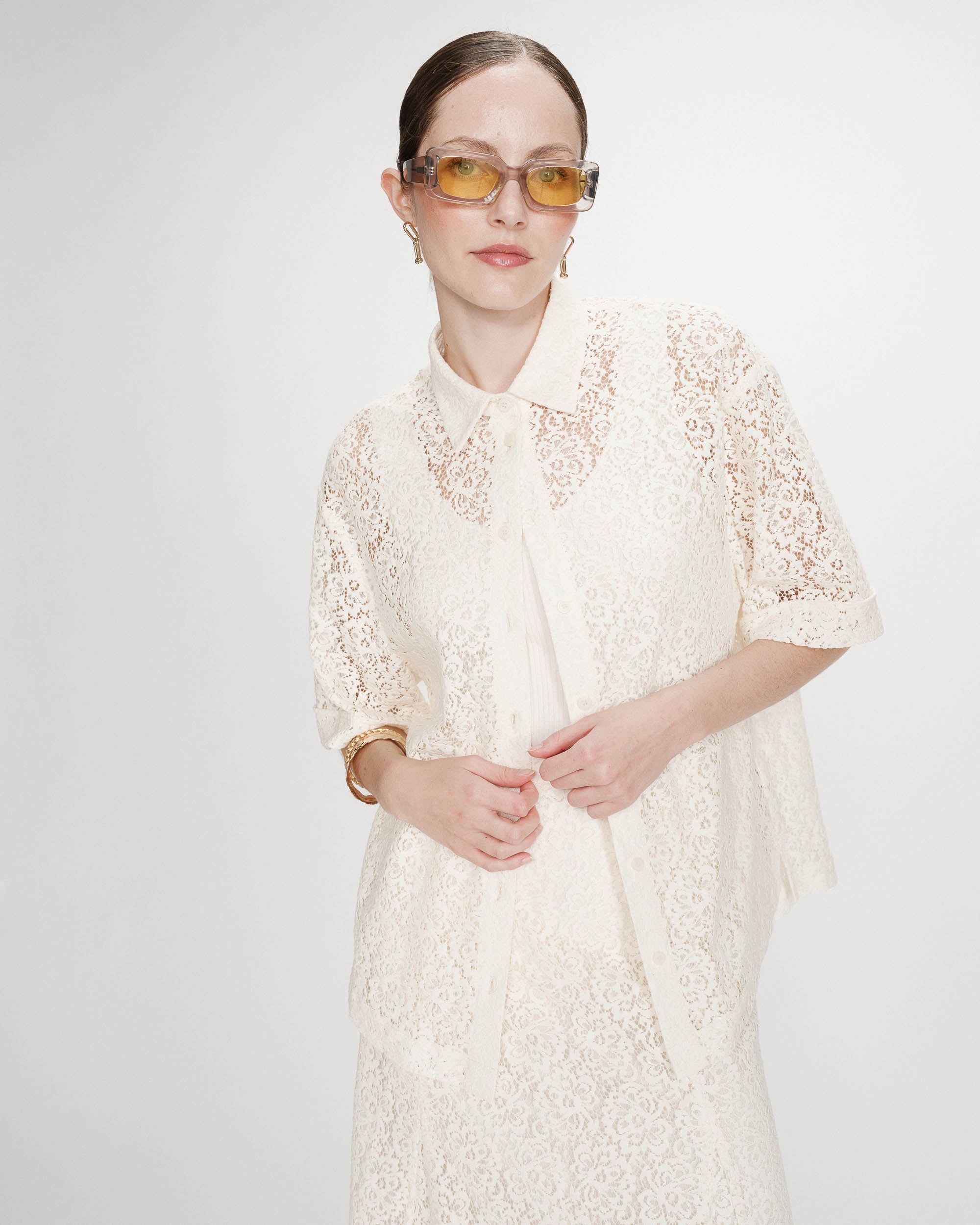 Chemise en dentelle transparente manches 3/4 ecru Vendel