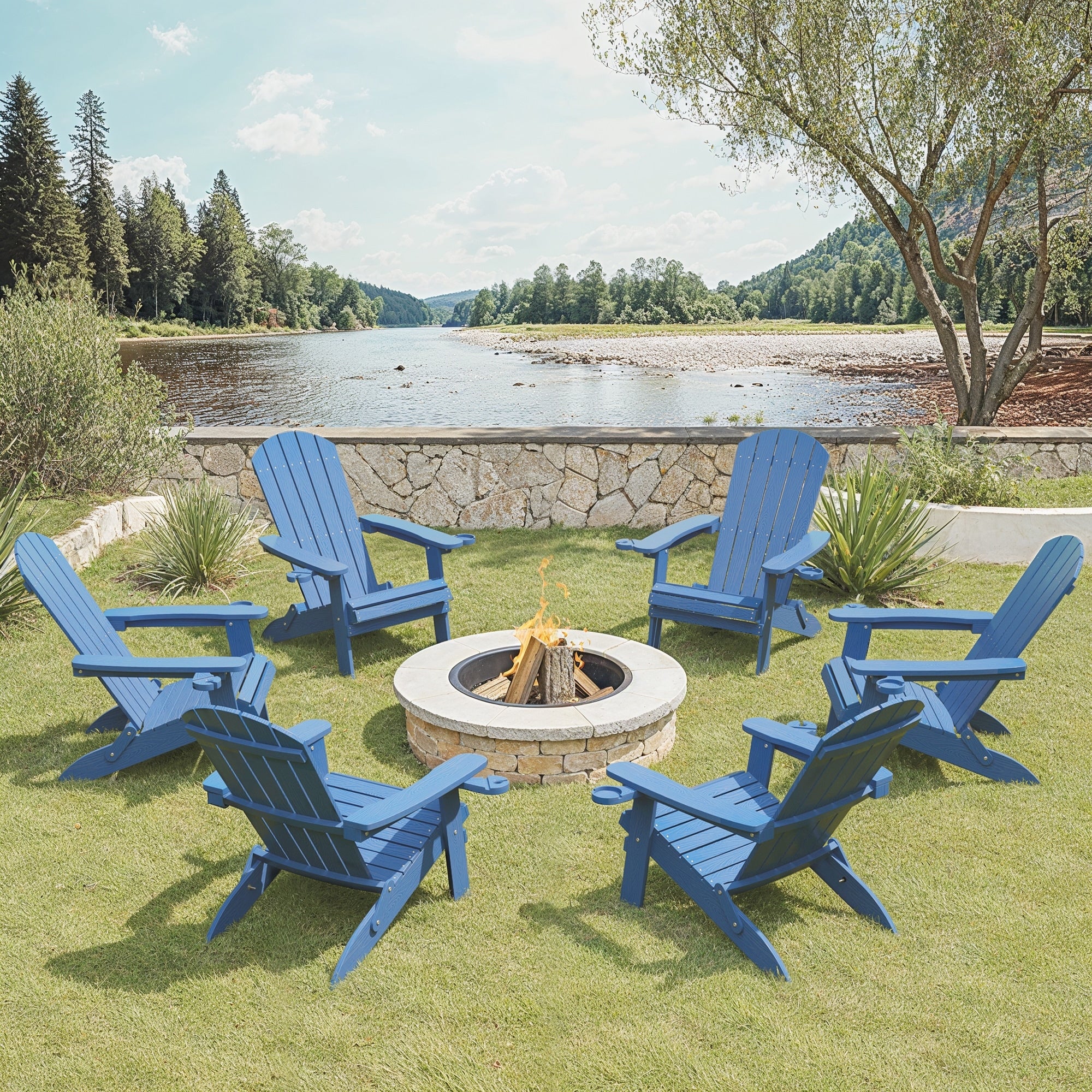 Folding Adirondack Chair with Cup Holder, Modern Adirondack Chair for Outdoor, Patio, Lawn, Garden