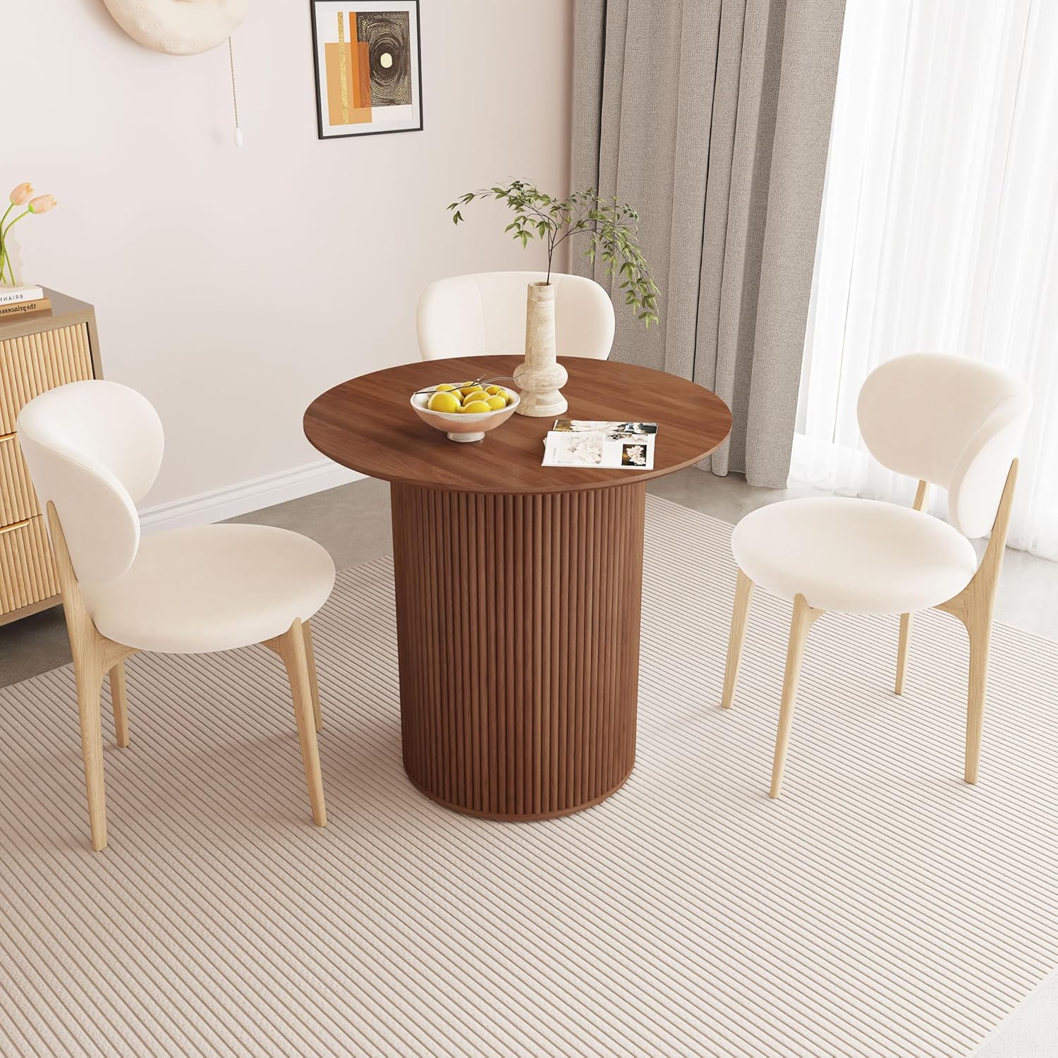 31.5 Small Round Dining Table for 2, Sturdy and Durable Wood Walnut Dining Table Round with Fluted Base, Simple Setup Small Kitchen Table for Living Dining Room Office (Walnut)