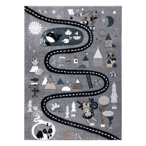 Dywan FUN Route dla dzieci, ulica, zwierzęta szary 80x150 cm