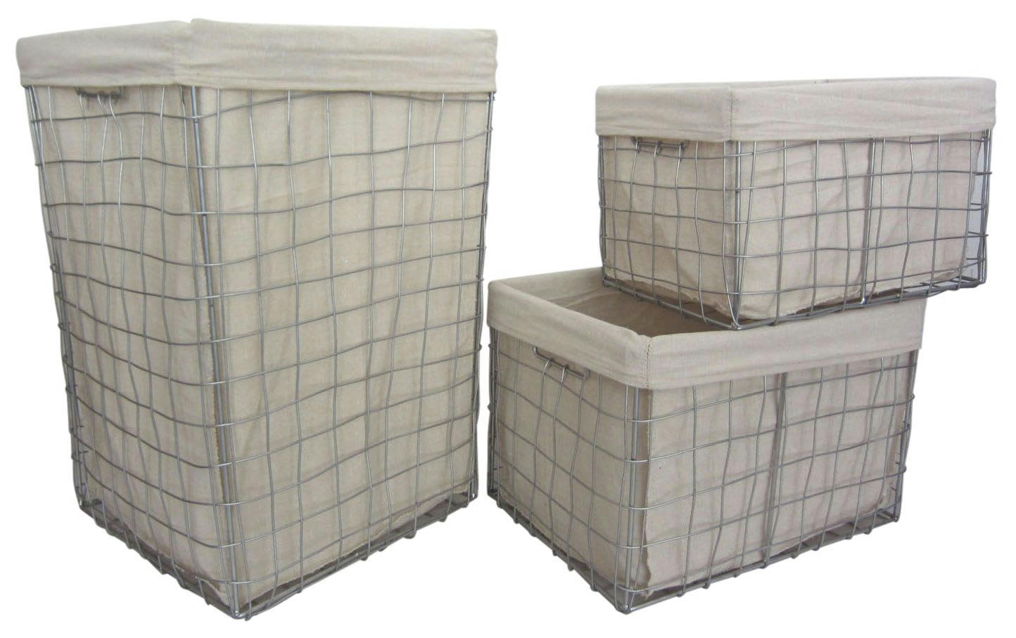 - Panier à linge et corbeilles en métal argenté (lot de 3)