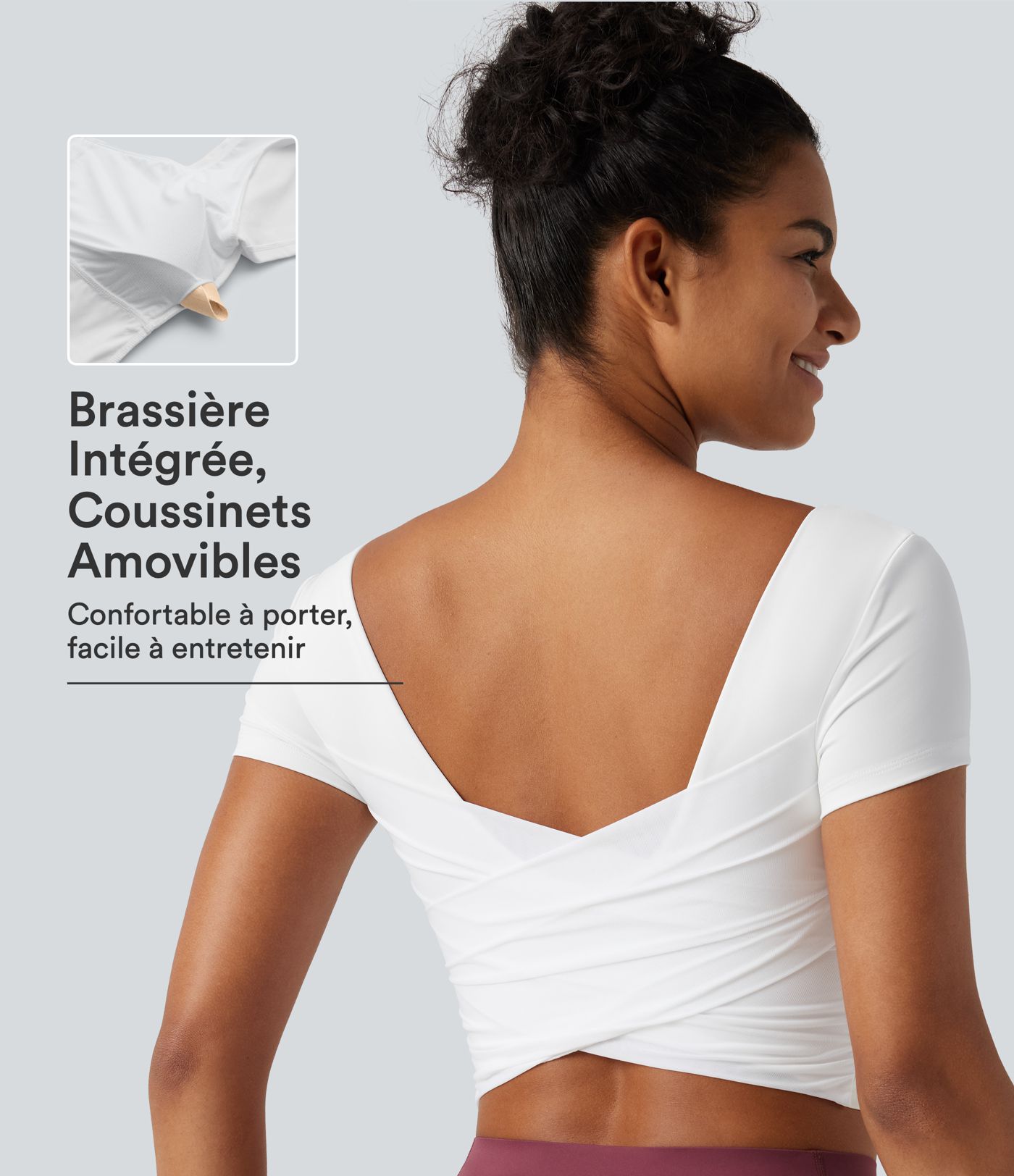 Haut yoga crop SoftlyZero™ séchage rapide Quick Dry à col diamant, manches courtes, mesh et coussinets amovibles