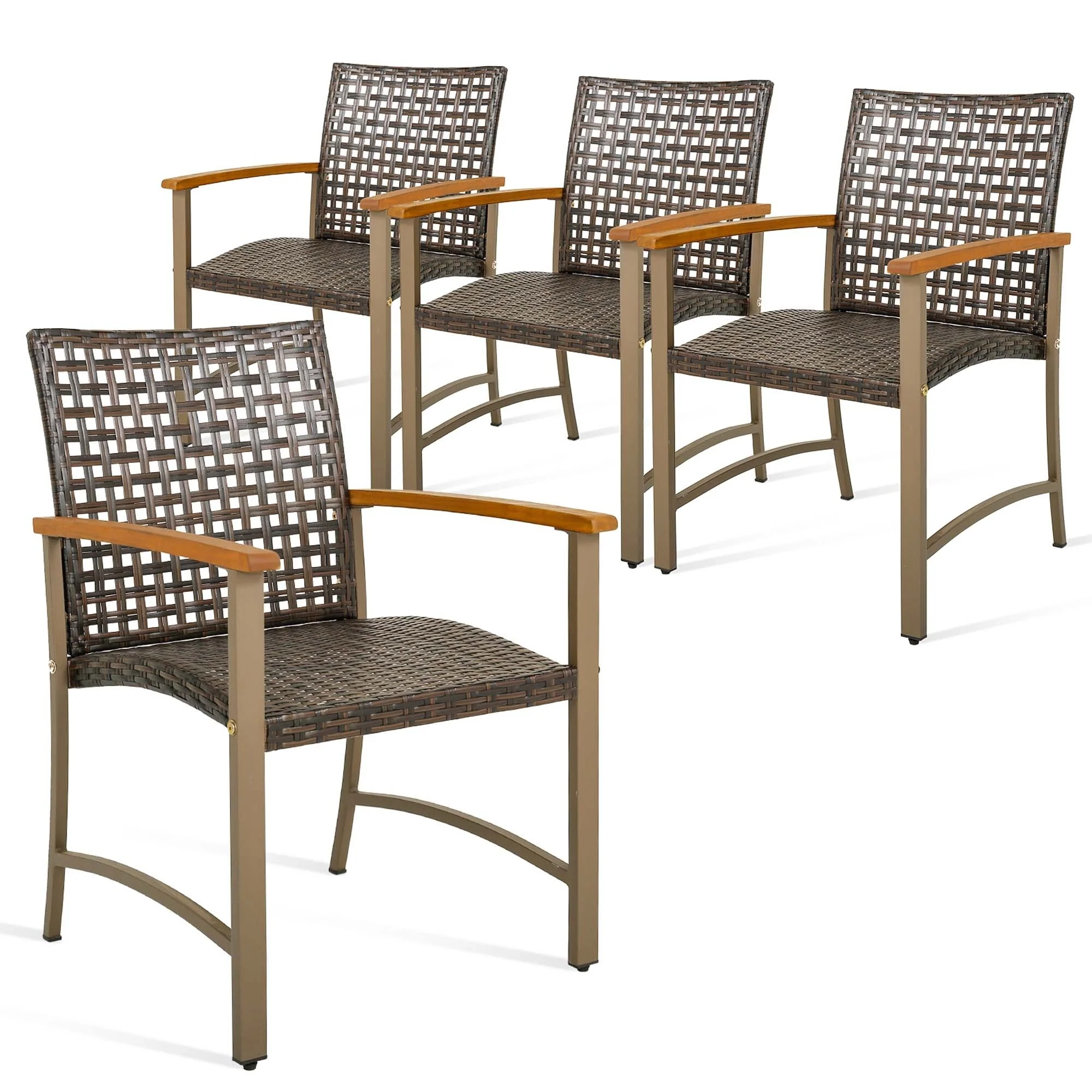 Set of 4 Outdoor Patio Wicker Dining Chairs w/ Acacia Wood Armrests