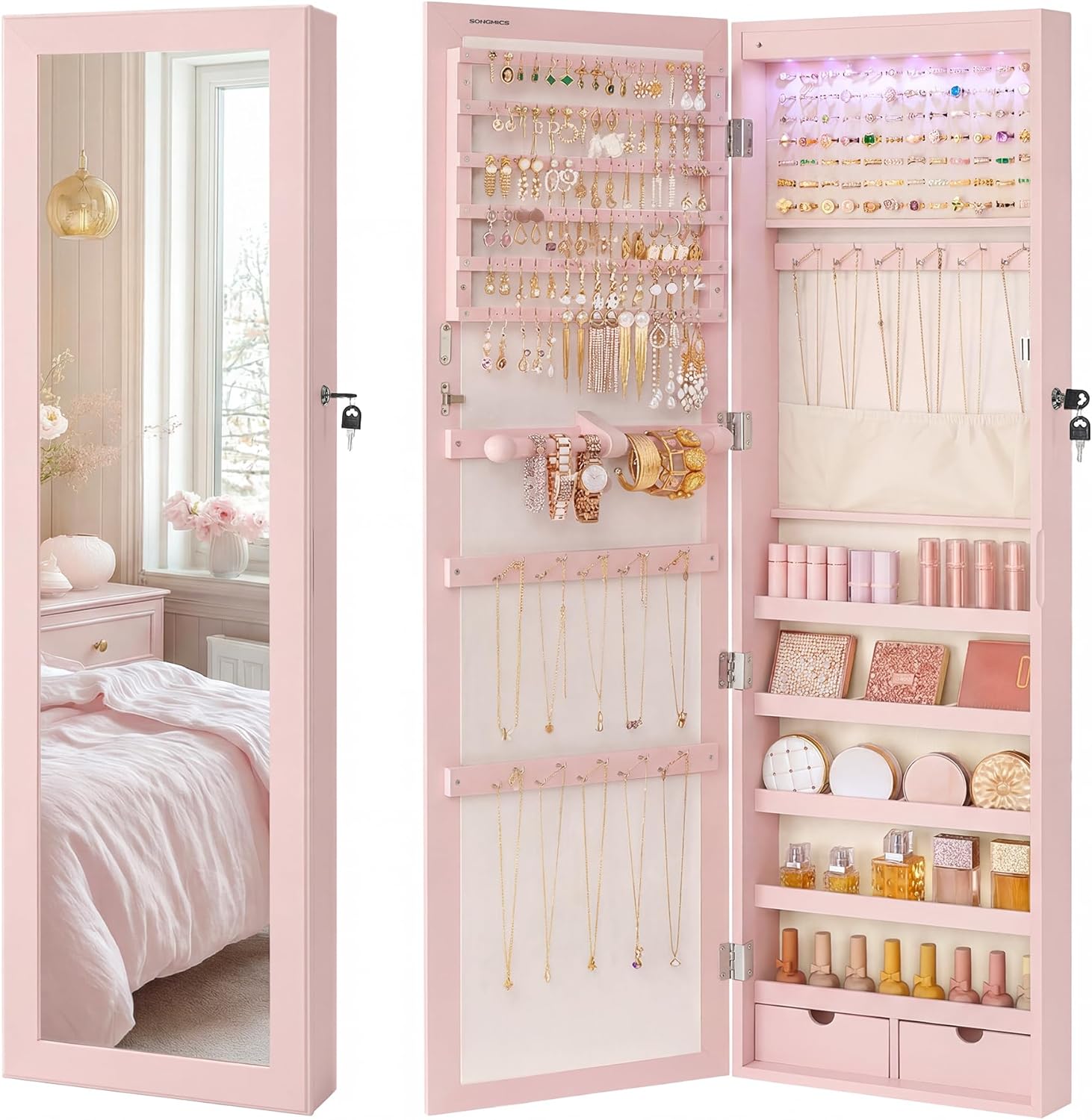SONGMICS 6 LEDs Mirror Jewelry Cabinet, 47.2-Inch Tall Lockable Wall or Door Mounted Jewelry Armoire Organizer with Mirror, 2 Drawers, 3.9 x 14.6 x 47.2 Inches, Jelly Pink UJJC093SA02S