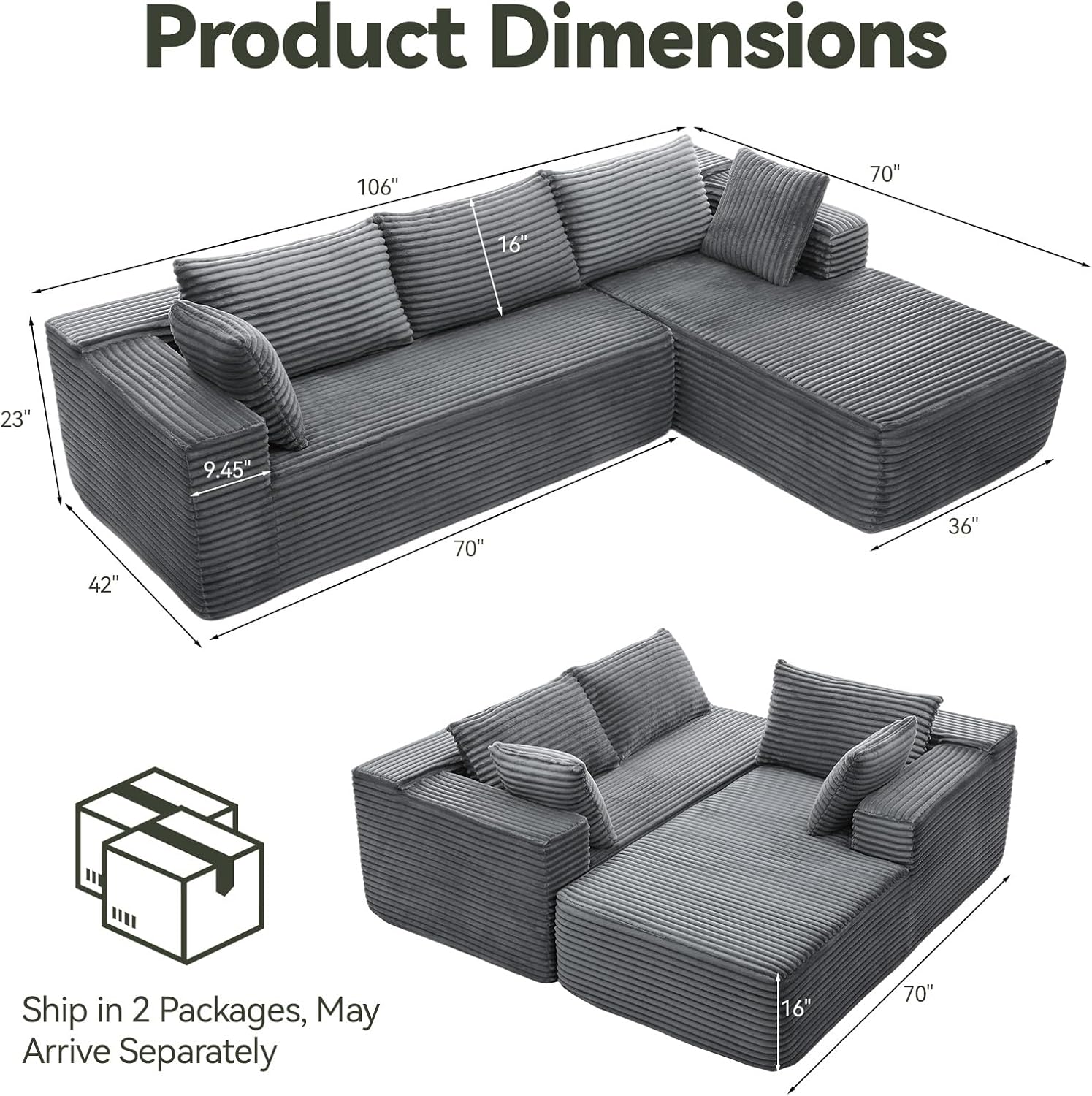 106 Modular Sectional Sofa, Grey Corduroy Cloud Couch with Left Chaise, Deep Seat Boneless Floor Sofa for Living Room, High-Resilience Foam Support, No Assembly Required, Includes Pillows | Sectional Sofa, Corduroy Cloud, Boneless, High-Resilience,
