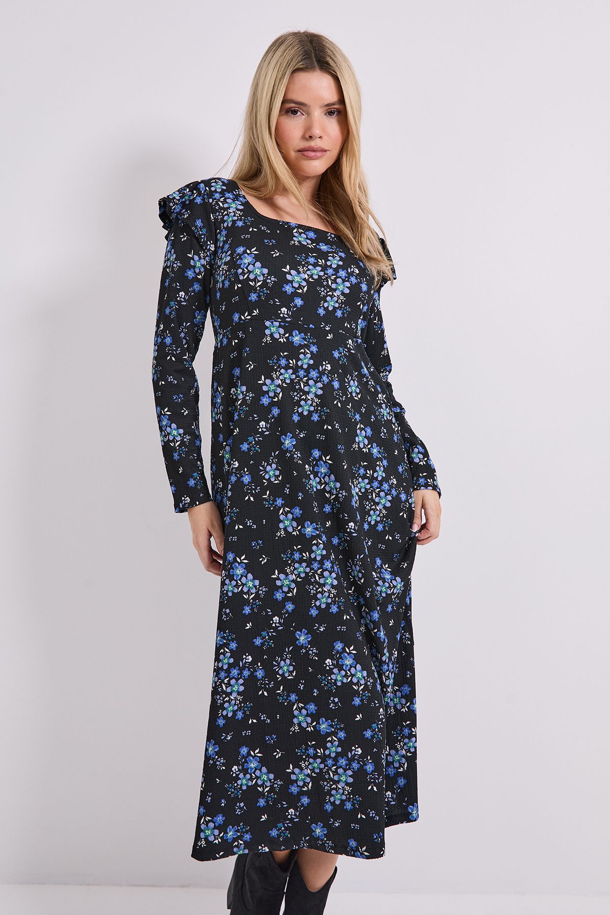 Dorothy Perkins Floral Square Neck Ruffle Shoulder Jersey Midi Dress
