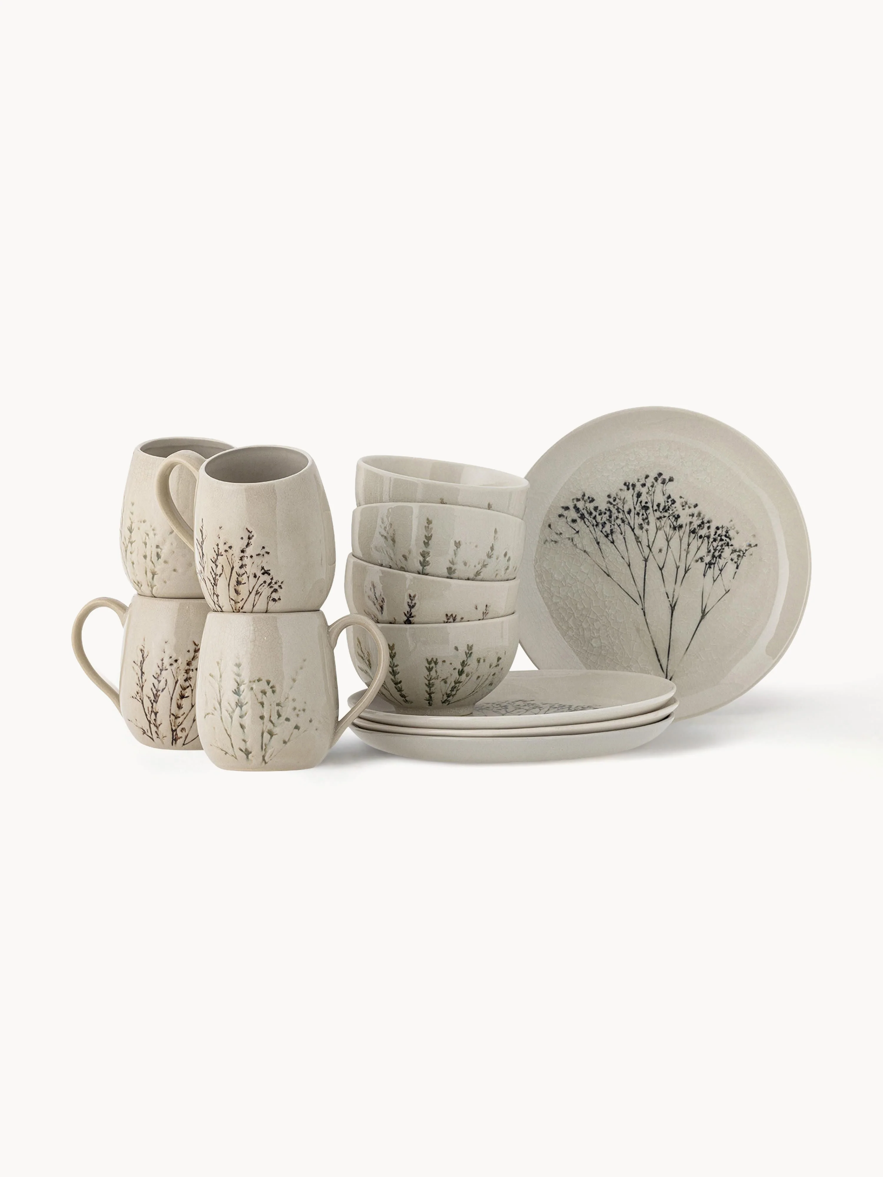Handgemachtes Frühstücks-Set Bea mit Gräser-Motiv, 4 Personen, 12er-Set