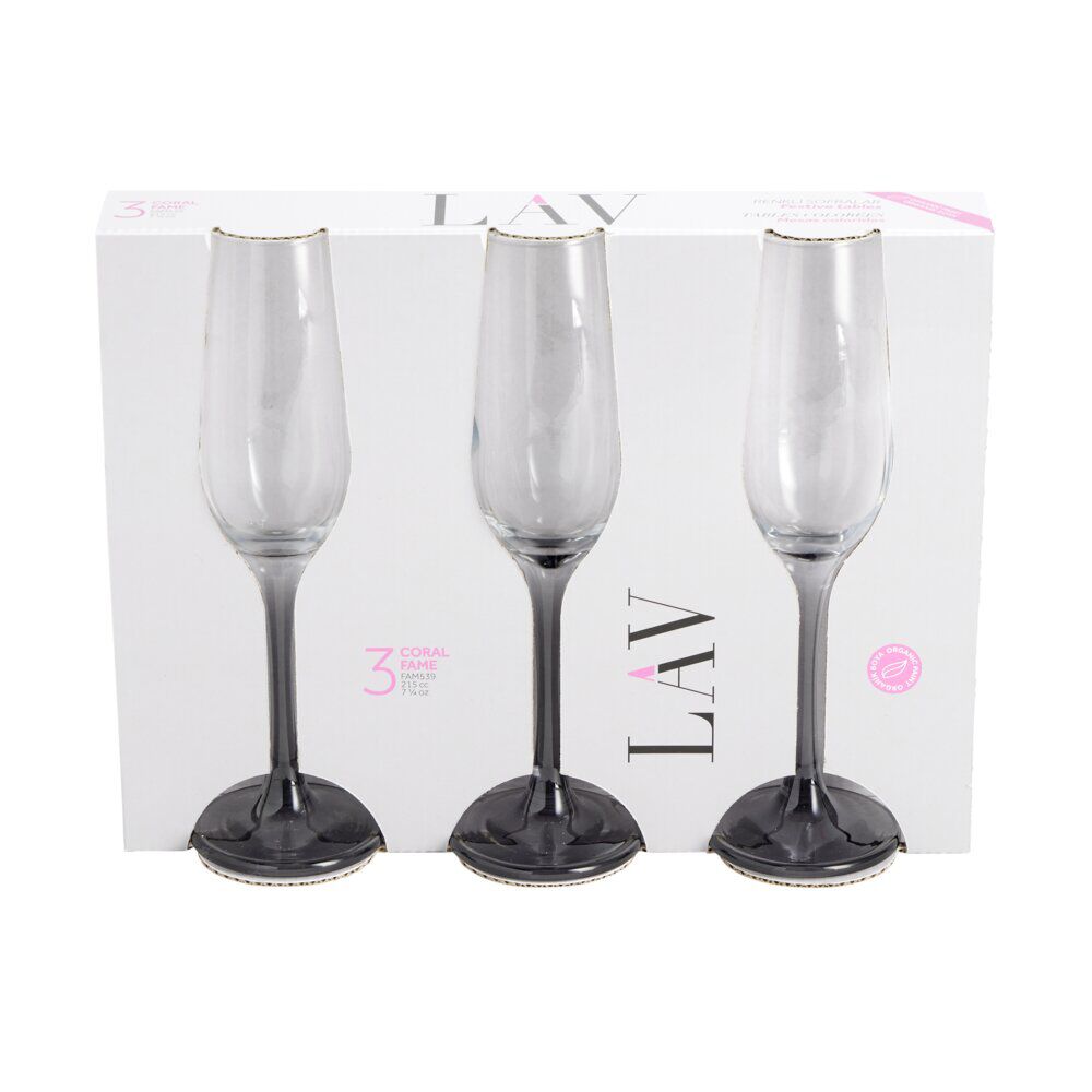 Fl&ucirc;te à champagne x3 en verre avec pied gris fumé 21,5cl