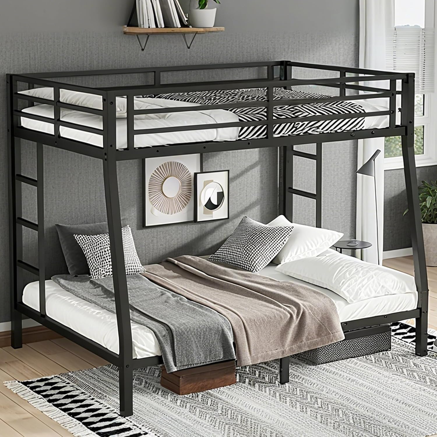 Bellemave Metal Full XL Over Queen Bunk Bed, Heavy-Duty Bunkbed Frame with Guardrails & 2 Ladders, Noise-Free, 9.8 Under-Bed Storage Full Over Queen bunk Bed, No Box Spring Needed, Black
