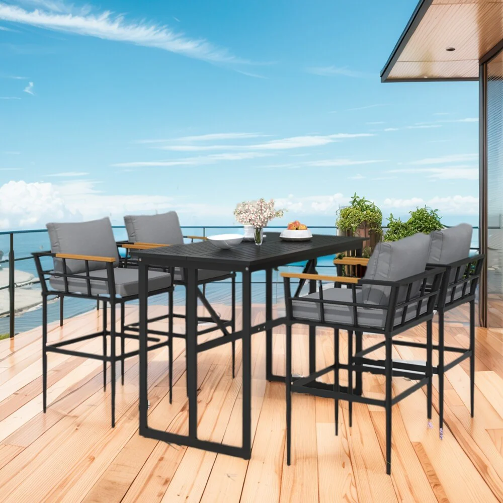 5-Piece Outdoor Steel Dining Set w/4 Chairs, Patio Bar Set,Cushions