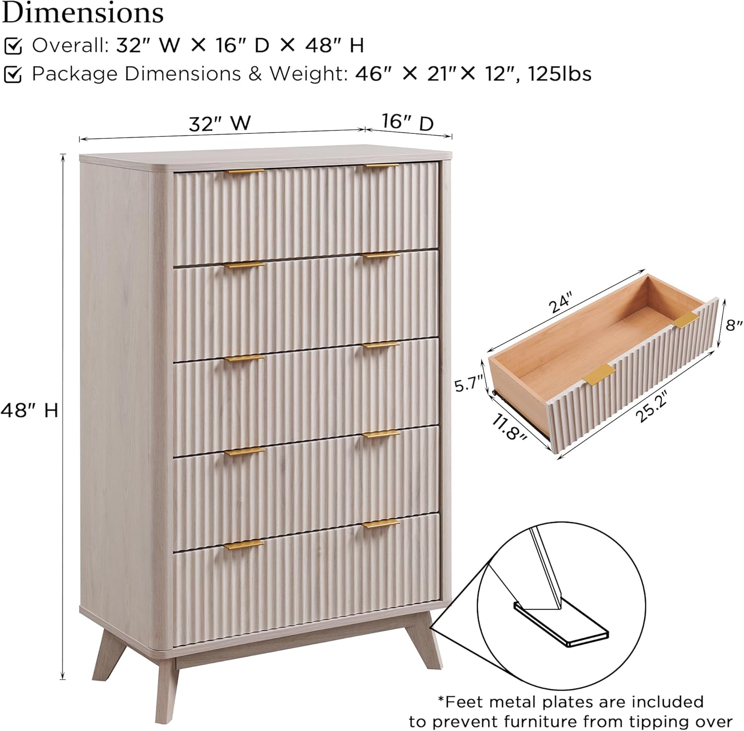 T4TREAM Fluted 5 Drawers Dresser, 48 Tall Modern Chest of Drawers, Curved Profile Design, Wood Drawer Organizer for Bedroom, Living Room, Hallway, Entryway, White Alder