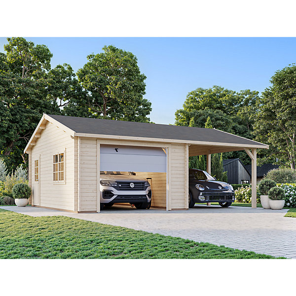 Garage en bois naturel Palmako Roger avec porte sectionnelle et carport 26,3m²