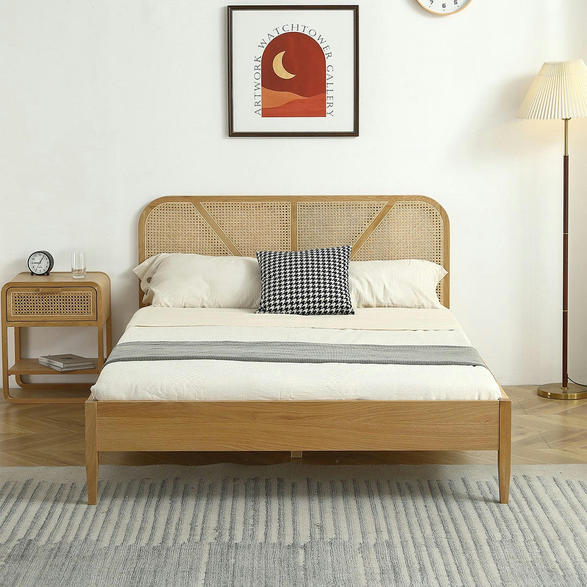 LEONIE - Lit 140x190 placage chêne - tête de lit bois massif / cannage naturel