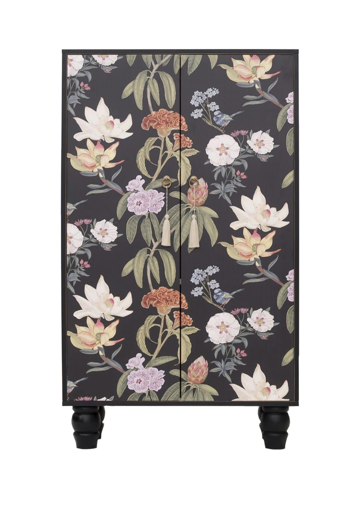 JARA - Buffet armoire en pin massif imprimé floral sur fond noir