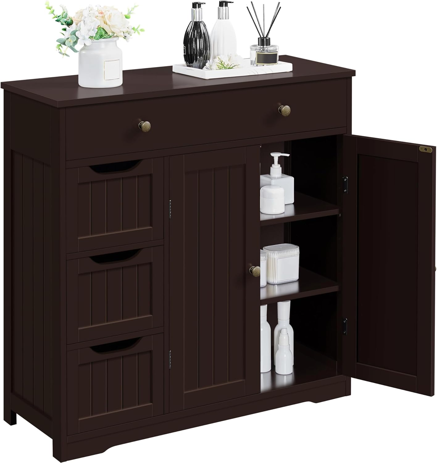 Topeakmart Bathroom Free-Standing Floor Cabinet, Practical Large Storage Cabinet with 4 Drawers and 2 Doors for Kitchen, Entrance Area, Living Room, Adjustable Shelf, Ample Space Espresso