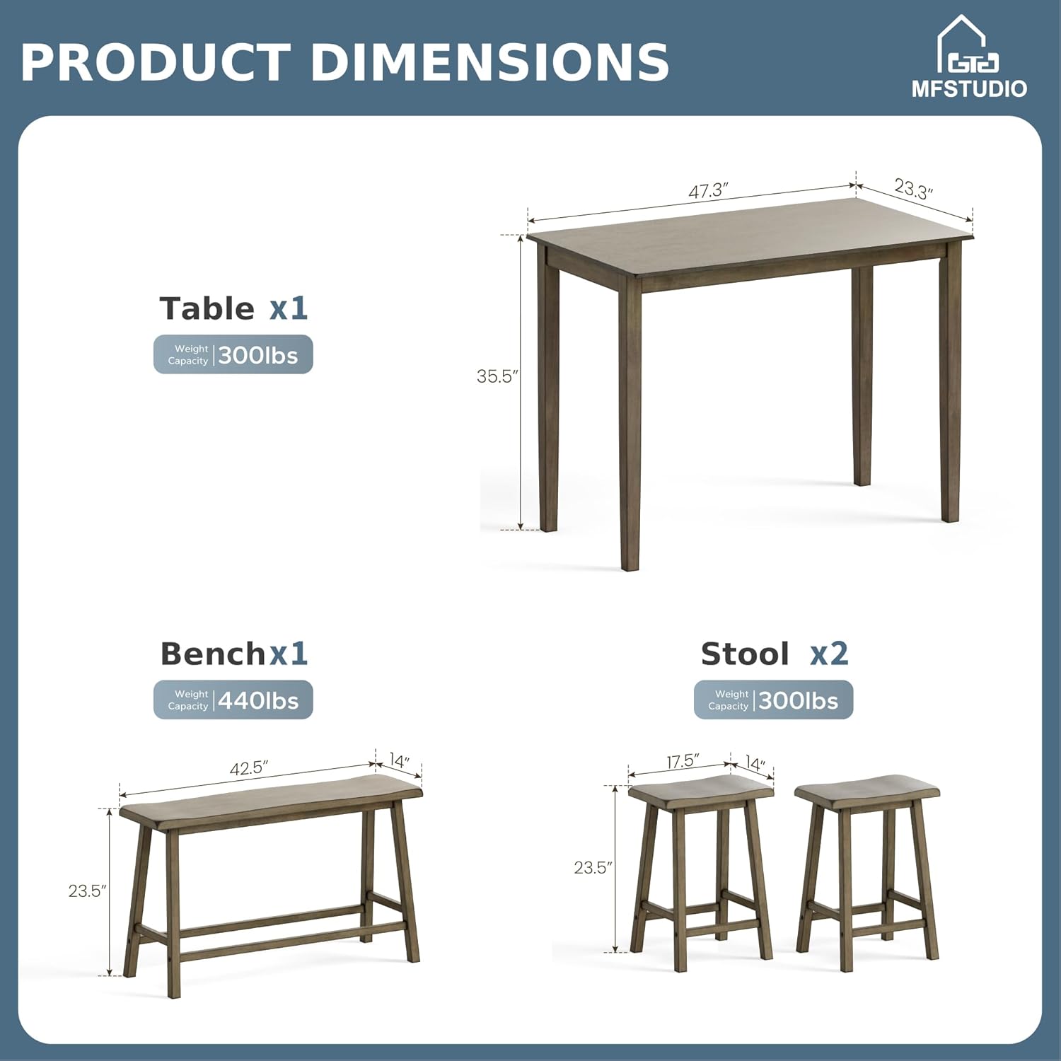MFSTUDIO Dining Table Set for 4, Wooden Counter Height Table and Chairs, Bar Table Set with Bench, Small Kitchen Table and Chairs Set of 4, Smoky Brown