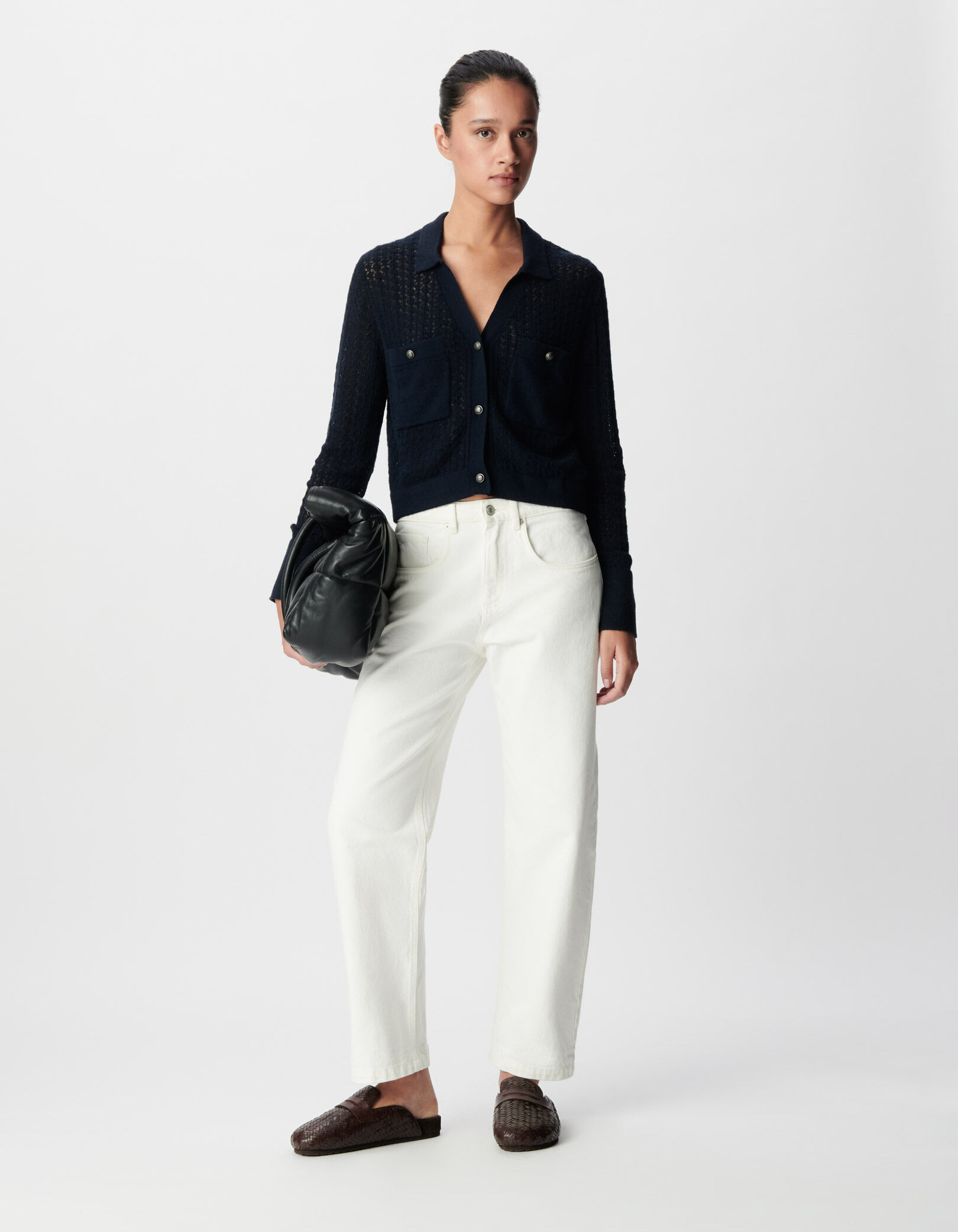 Cardigan court marine tricot fantaisie ajouré Femme