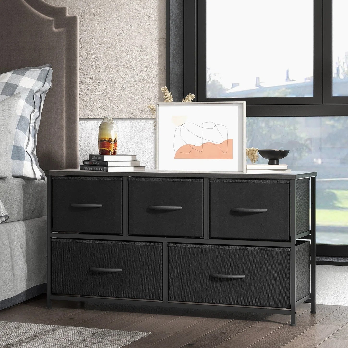 Dresser for Bedroom with 5 Fabric Drawers, Tall Chest Organizer Units for Clothing, Closet, Kidsroom, Storage Tower with Cabinet