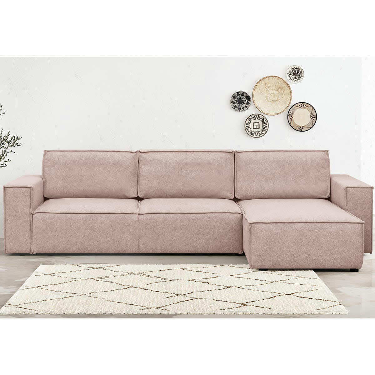 HARPER NEW - Canapé d'angle 5 places convertible + coffre, tissu rose