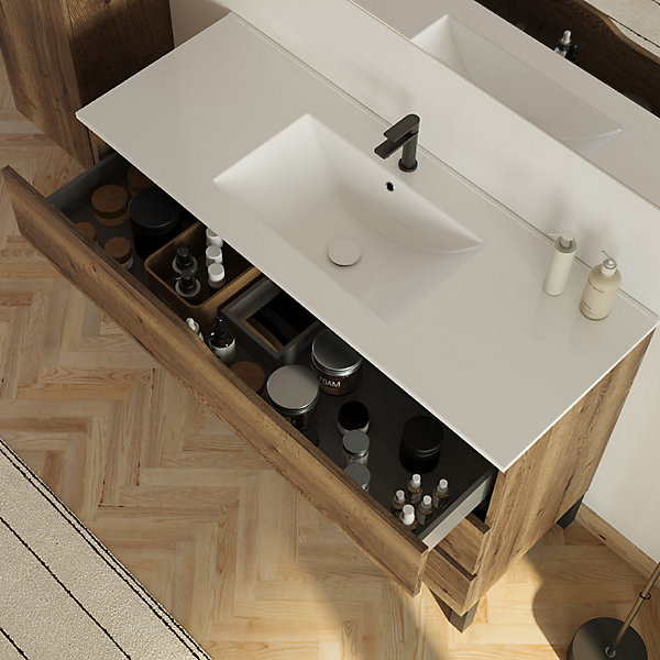 Meuble sous vasque seul, 3 tiroirs, 120cm, simple vasque - tabaco (chêne foncé) - MATA