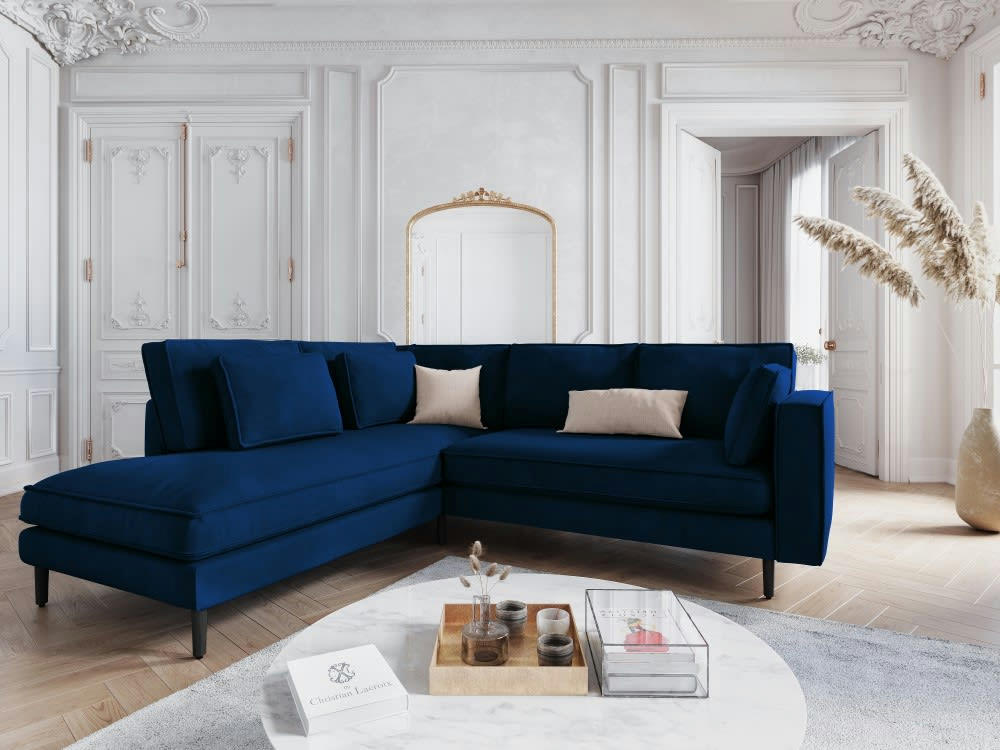ALEXIS - Canapé d'angle 5 places en velours bleu roi