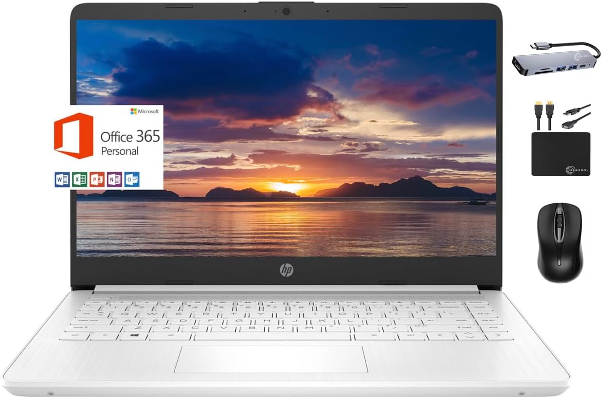 HP 2024 Premium 14 Micro-Edge Portable Laptop Student Business, Intel Quad-Core N4120, 8GB RAM, 192GB (64GB eMMC+ 128GB Card), Webcam, WiFi, Windows 11S + 1 Year Office 365, MarxsolAccessory White