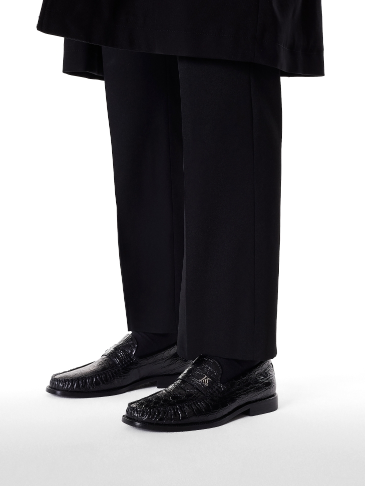 Black croc-embossed leather loafers
